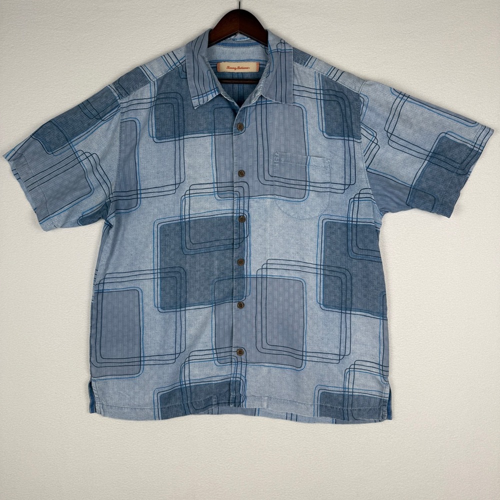 Tommy Bahama Mens L Blue 70s Geometric Square Print 100% Silk Short Sleeve Shirt - Picture 2 of 9